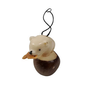 Tagua Nut Carving Polar Bear With Fish Hanging Ornament